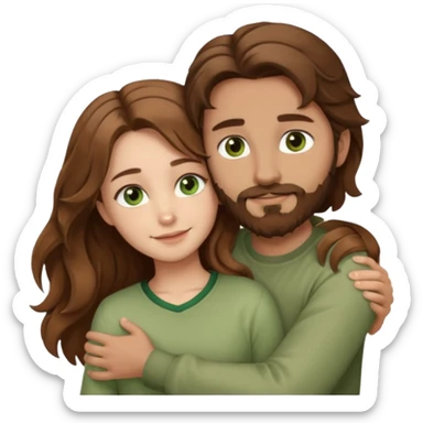 a man with  brown hair and brown beard with hazel eyes and a girl with long brown wavy hair with green eyes, togheter, with neutral clothes, hugged each other sticker