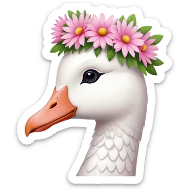white goose with a pink flower crown facing left sticker