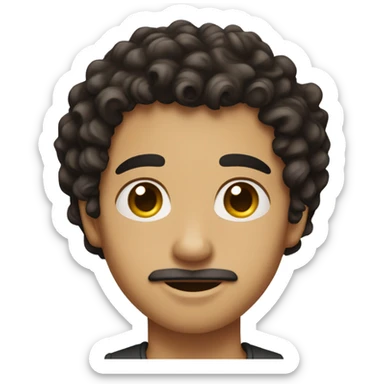 A boy with medium-length dark brown curly hair, a small short mustache, and an earring in his ear. sticker