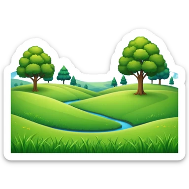 sunny landscape with green grass, blue sky, and a few trees sticker