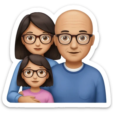 Papà calvo con occhiali, mamma capelli neri occhi marroni no occhiali, figlia capelli marroni mossi e occhiali tartarugati con montatura spessa occhi marroni, figlia capelli lisci marroni occhiali neri con montatura grande e fina occhi marroni  sticker