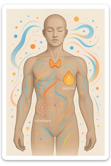 Il corpo è circondato da simboli delicati e bilanciati che rappresentano equilibrio ormonale e metabolico: piccoli cerchi, flussi energetici colorati, simboli stilizzati di tiroide, picco insulina, estrogeni. 4k immagine sticker