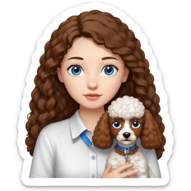 Kobieta w białej koszuli, z długimi brązowymi włosami i niebieskimi oczami trzyma na rękach brązowego pudla. sticker