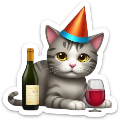depressed tired kitty drinking wine and party hat on sticker