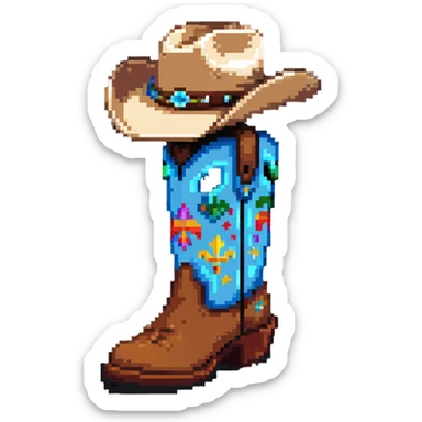 A traditional Russian valenok felt boot wearing a cowboy hat sticker