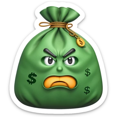 angry bag of money with dollar sign sticker