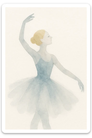 ballerina with blonde hair and white skin, watercolor style, flowing tutu, soft background, dreamy atmosphere sticker
