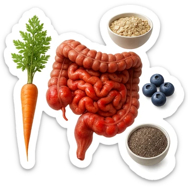 intestino umano anatomico infiammato al centro con carota, bowl di avena, mirtilli, bowl di semi di chia che gli fluttuano intorno , iperrealistico 4k sticker