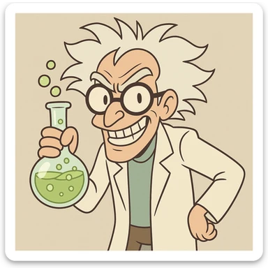 mad genius with wild hair, glasses, mischievous grin, holding a bubbling flask, cartoon style sticker