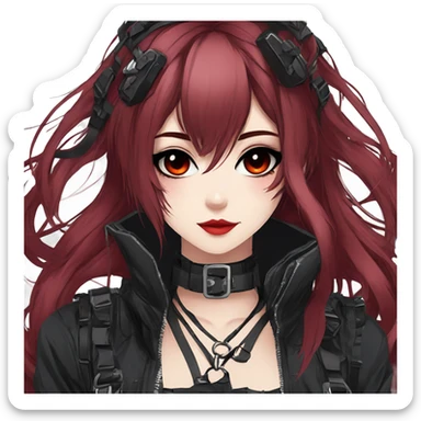 Gorgeous gothic techwear anime style lady with blushing face aesthetic and pretty edgy black red punk messy hair with collar and harness trending style sticker