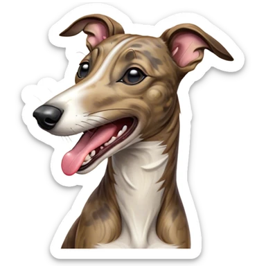 Cinematic Cute Yawning Brindle Greyhound Portrait Emoji, Head tilted slightly with a dramatic, wide-open yawn, showcasing a smooth brindle Fur with a refined pattern, floppy ears slightly drooping, round eyes barely open in drowsy contentment, Simplified yet irresistibly adorable features, highly detailed, glowing with a soft, cozy glow, high shine, relaxed yet expressive, stylized with a touch of whimsy, bright and endearing, soft glowing outline, capturing the essence of a sleepy yet affectionate racer, so drowsy it feels like it could stretch out of the screen and curl up for a nap! sticker