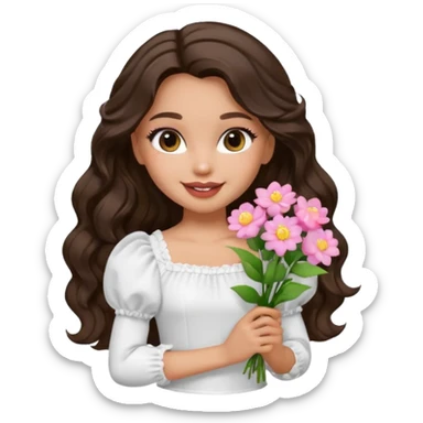 generate a pretty bratz girl with in a white puff sleeve top.  light lipgloss on . dark Brown wavy hair long. carrying flowers  sticker