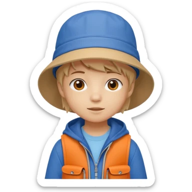 A little student with beige bucket hat, orange jacket, blue backpack sticker