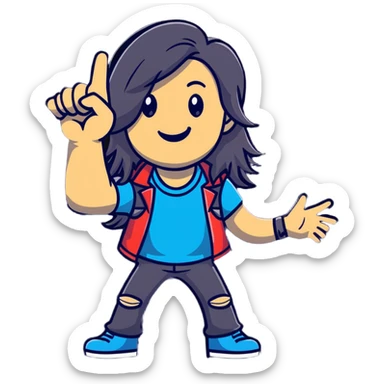 Rockstar musician with long hair, confident smile looking up, rock hand gesture, stage presence, edgy style sticker