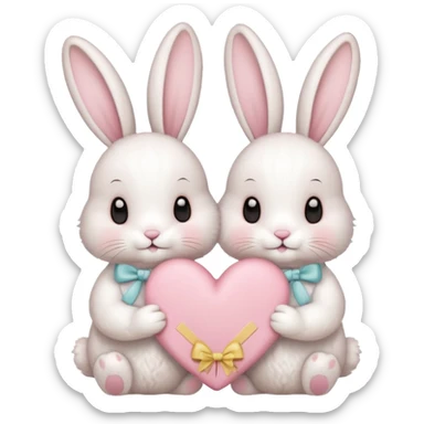Two bunnies holding one Valentine card in soft pink, beige and yellow pastel colors sticker