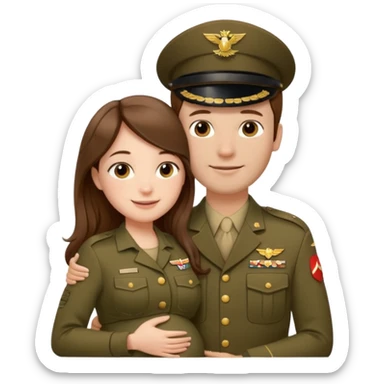 
"Pregnant woman with long brown hair and fair skin, and man with short brown hair and fair skin (without a mustache), wearing a brown military uniform, hugging and smiling."
 sticker