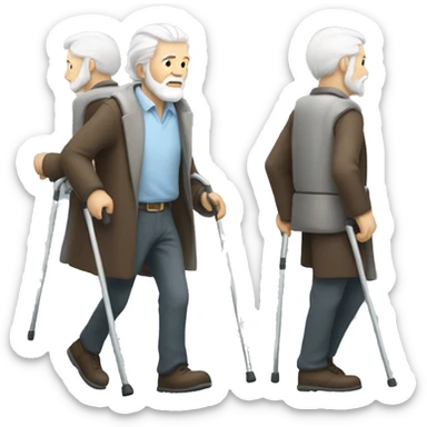 old man with white hair and long white beard walking with crutches sticker