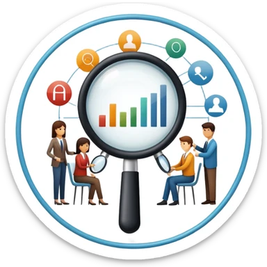 An icon featuring a group of diverse people, interconnected by lines, symbolizing sociology. The design includes a magnifying glass and a bar chart, representing the study of societies and social structures. Transparent background highlights the analysis of human behavior and social dynamics. sticker