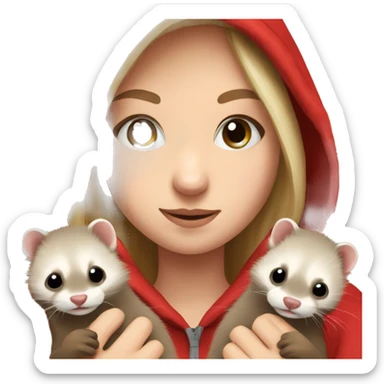 Ferret in hands of a blond girl with blue eyes and long eyelashes in red hoodie  sticker