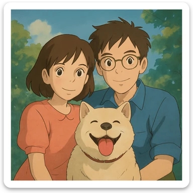 couple with pet posing for photo sticker