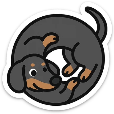 playful black dachshund twisted in her own body, minimal icon style sticker