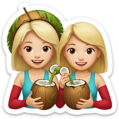 Two girls drinking out of a coconut one Asian one blonde  sticker