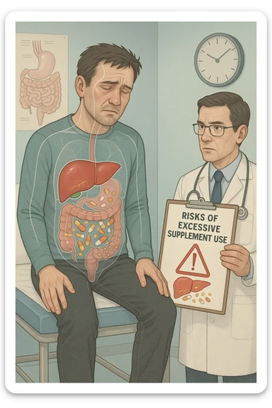 a man sits on a doctor’s examination table, looking fatigued and uncomfortable. A transparent anatomical overlay reveals his liver and intestines, both appearing inflamed and congested, with stylized supplement capsules and pills scattered throughout the digestive tract. The doctor stands nearby, holding a chart that highlights the risks of excessive supplement use. The mood is clinical and educational. sticker