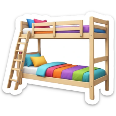 "Cozy bunk bed in a bright bedroom, wooden frame, colorful bedding, small ladder, soft natural light, realistic and detailed." sticker