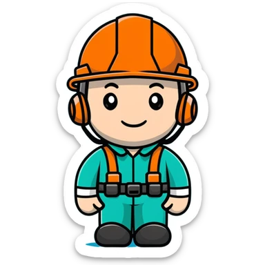 Male oil rig worker in uniform and safety helmet, minimalist design with soft gradients in sky blue, teal green, white, and light gray sticker