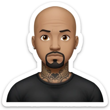 đàn ông 30 tuổi, da đen, đầu trọc, râu quai nón đen, có hình xăm trên mặt, áo đen, mặt nghiêm túc sticker