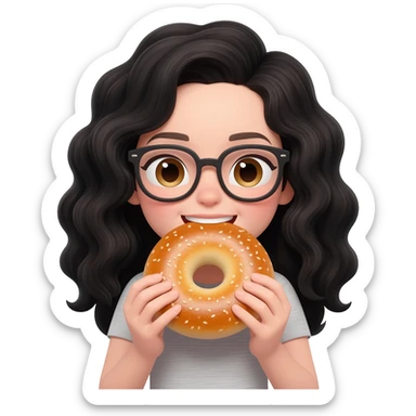 white girl, black wavy hair, glasses, eat bagel sticker