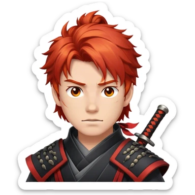 Teenager male, shaggy red hair, grey eyes, fire element, samurai sticker