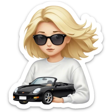 A cinematic realistic blonde in sunglasses, wearing a white sweatshirt, is driving a black car, her hair is slightly blowing in the wind. sticker