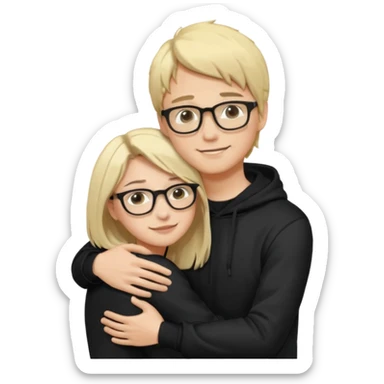 Joven de pelo rubio corto y piel blanca con lentes con poleron negedro abrazando por detrás a una joven de pelo negro largo con partidura al medio, de piel morena con sus manos en los brazos del joven aceptand su abrazoemoji sticker