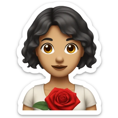A women named rose, with dark hair bangs and holding a red red rose in one hand sticker