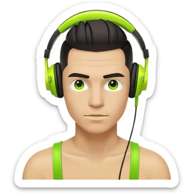 yellow-skinned guy head with slicked back black undercut hair and neon green headphones sticker