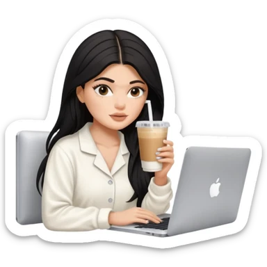 Kylie Jenner with her sexy face and long hair, make it 1 tone lighter. She's learning on macbook watching the screen, she wears a white Skims pajama and she's drinking 1 tasty iced latte with a straw sticker