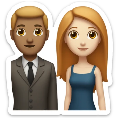 a married couple standing beside eachother, one has pale skin and long straight ginger hair with bangs and blue eyes, the other person is a man that is mexican and has tan skin and straight chin length black hair with brown eyes sticker