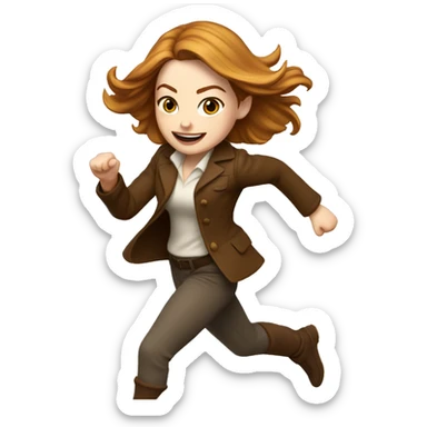 Emma Stone running, with a large stride and arms outstretched, with long golden brown hair, wearing an Christmas outfit sticker