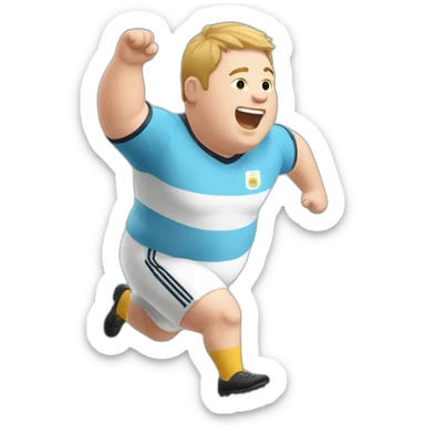 Short hair, obese white man jumping. argentina team uniform. Hands up sticker