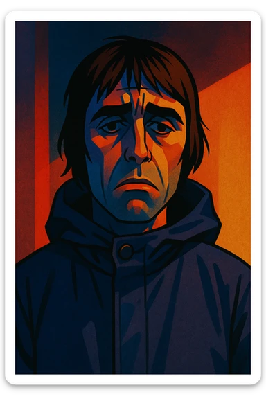 sad Liam Gallagher, moody lighting, expressive face, detailed and emotional sticker