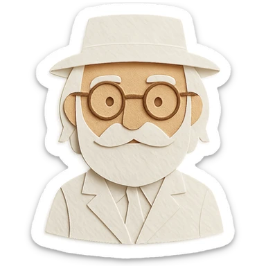 old man with a white hat, slightly long white beard, white moustache, round glasses, white suit, white longish hair, paper craft style sticker