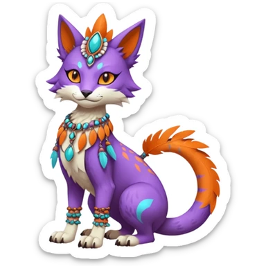 Kawaii cute orange purple turquoise exotic tribal beautiful pretty elegant divine edgy feline-vernid-sergal-Fakémon-Pokémon-Digimon-fursona-animal-creature with bracelet, necklace, full body, with intricate detailed markings, feather headdress  sticker