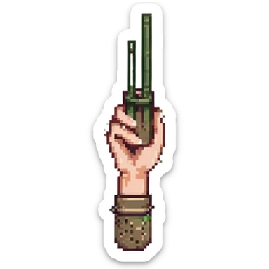 olive colored hand holding chopsticks, pixel art style sticker