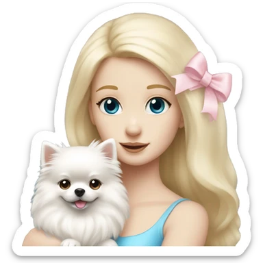 Blond girl white skin blue eyes hugging white Pomeranian with light pink bow sticker