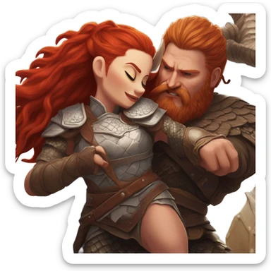 Viking red head beautiful  dragon  queen with a killed Viking solder with a man bun laying down on a dragon  sticker