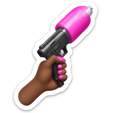 brown hand with pink nails holding large scary dark water gun sticker