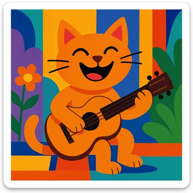 a cat playing a guitar, joyful, colorful illustration sticker