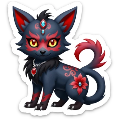 Asian-painted tattooed oriental Floral gothic edgy emo cool and ruby-jewelry-adorned Absol-Litten-Zorua-Houndour-fusion-Fakemon-animal-creature  sticker