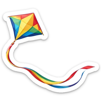 A colorful kite soaring high in the sky on a sunny day, with a long, flowing tail trailing behind. The background features an open field or beach, capturing the joy and freedom of flying kites, with gentle winds and a peaceful atmosphere. sticker